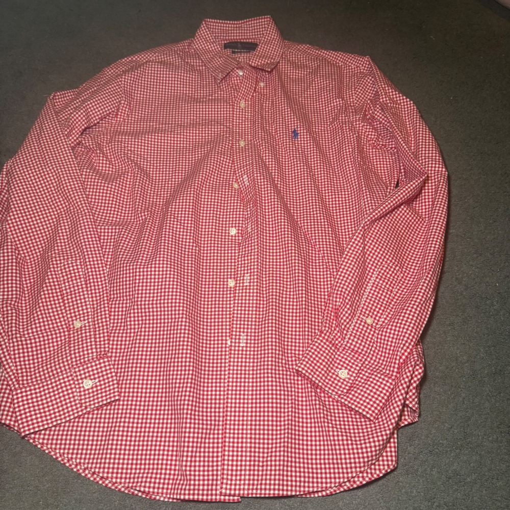 Ralph Lauren Mens Gingham Button Down Shirt Red White Custom Fit Large